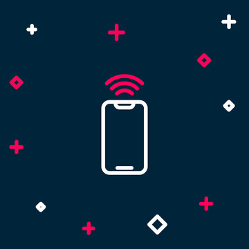 Line Smartphone with free wi-fi wireless connection icon isolated on blue background. Wireless technology, wi-fi connection, wireless network. Colorful outline concept. Vector