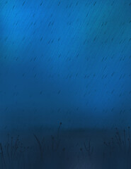 Rain in the night field. Evening landscape.  Heavy rain over the field. Night nature  landscape  illustration.