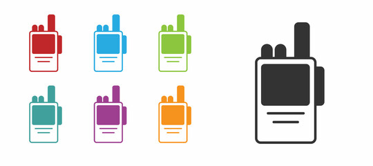 Black Walkie talkie icon isolated on white background. Portable radio transmitter icon. Radio transceiver sign. Set icons colorful. Vector