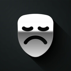 Silver Drama theatrical mask icon isolated on black background. Long shadow style. Vector