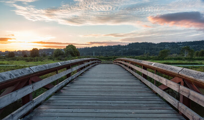 Bridge going over a river in a city park. Colorful Summer Sunset. Colony Farm Regional Park, Port Coquitlam, Vancouver, British Columbia, Canada.