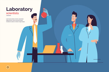 Vector illustration depicting a team of scientists at work in the laboratory. Editable stroke