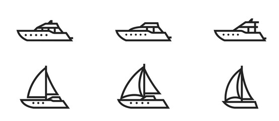 motor and sailing yachts line icon set. boats for sea travel