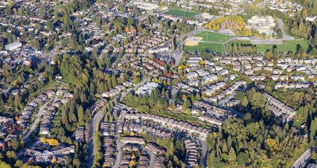 Residential Homes in Maple Ridge City in Greater Vancouver, British Columbia, Canada. Aerial View...