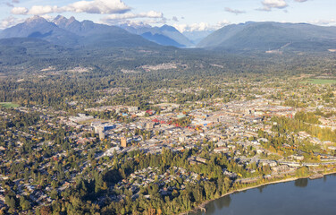 Maple Ridge City in Greater Vancouver, British Columbia, Canada. Aerial View from Airplane. Sunny Fall Season.