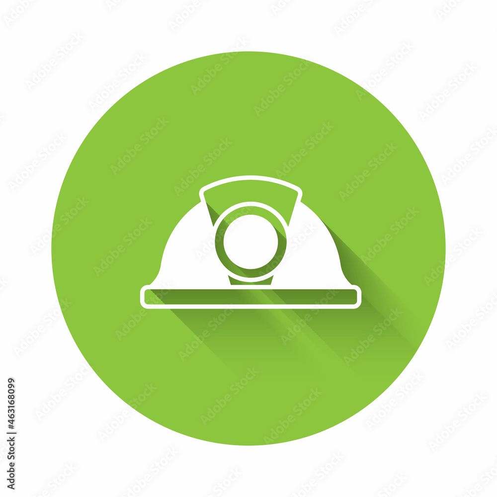 Poster white miner helmet icon isolated with long shadow background. green circle button. vector