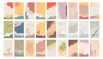 Big set of editable layout templates for social media story posts, mobile apps, banner or flyer design. Textured background with trendy color shapes, hand drawn leaves and flowers