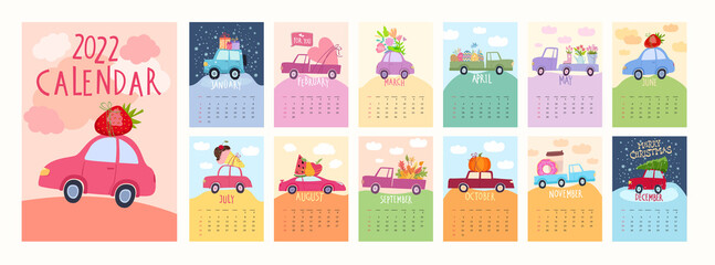 Monthly new year 2022 calendar template with cars in cartoon style. Delivery by cars concept