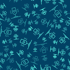 Green line Wine glass icon isolated seamless pattern on blue background. Wineglass sign. Favorite wine. Vector