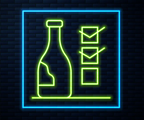 Glowing neon line Bottle of wine icon isolated on brick wall background. Vector