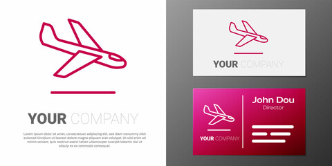 Logotype line Plane landing icon isolated on white background. Airplane transport symbol. Logo design template element. Vector