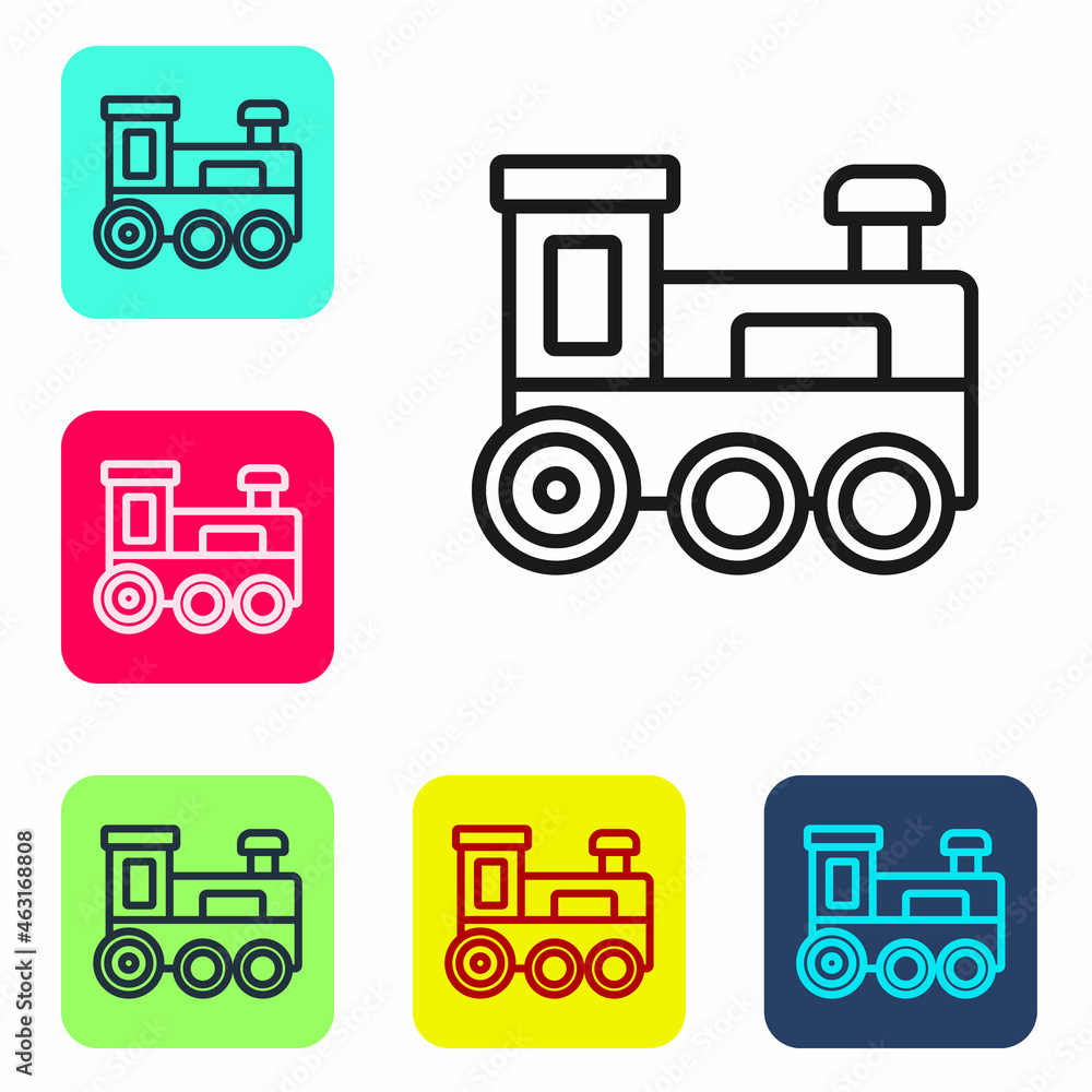 Poster black line toy train icon isolated on white background. set icons in color square buttons. vector