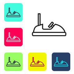 Black line Bumper car icon isolated on white background. Amusement park. Childrens entertainment playground, recreation park. Set icons in color square buttons. Vector