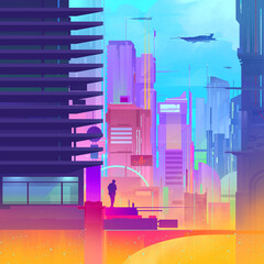 drawn bright silhouette of a man in the city of the future with skyscrapers