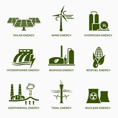 green energy icon set. eco friendly, sustainable, renewable and alternative power symbols