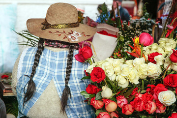 Girl with Pigtails next to flowers and vaious roses at Ecuador