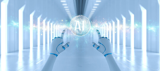 robot hand touching a virtual interface with message AI in a futuristic hallway