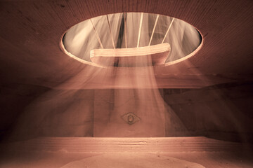 Guitar from inside with strings. Interior of acoustic guitar.