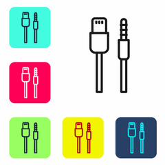 Black line USB cable cord icon isolated on white background. Connectors and sockets for PC and mobile devices. Set icons in color square buttons. Vector