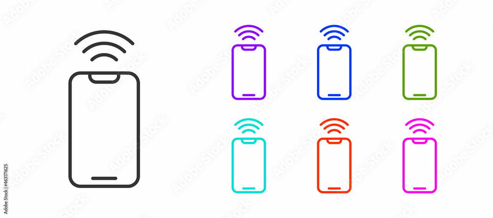 Poster Black line Smartphone with free wi-fi wireless connection icon isolated on white background. Wireless technology, wi-fi connection, wireless network. Set icons colorful. Vector