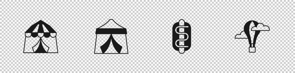Set Circus tent, , Hotdog sandwich and air balloon icon. Vector