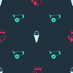 Set Magic ball, Ice cream in waffle cone and Cannon on seamless pattern. Vector
