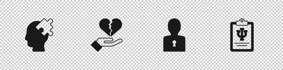 Set Solution to the problem, Broken heart or divorce, and Psychology, Psi icon. Vector