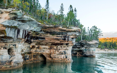 Fototapeta na wymiar Pictured Rocks along the shore of Lake Superior on autumn