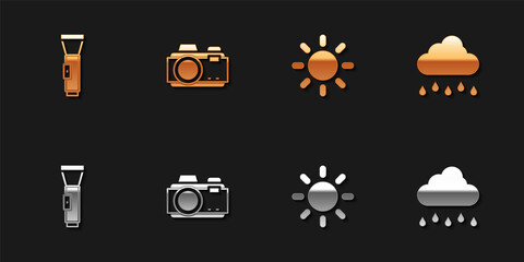 Set Flashlight, Photo camera, Sun and Cloud with rain icon. Vector