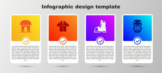 Set African hut, Shirt, Hunter boots and Mexican mayan or aztec mask. Business infographic template. Vector