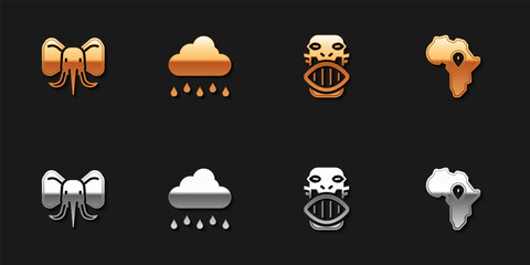 Set Elephant, Cloud with rain, Mexican mayan or aztec mask and Map of Africa icon. Vector