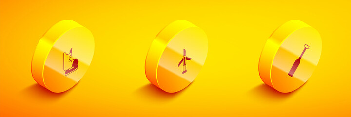 Set Isometric Skates, Wind turbine and Paddle icon. Vector