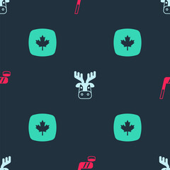 Set Ice hockey stick and puck, Deer head with antlers and Canadian maple leaf on seamless pattern. Vector