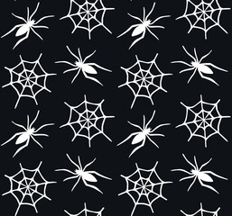 Vector seamless pattern of spider and web isolated on black background