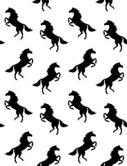 Vector seamless pattern of horse standing on hind legs silhouette isolated on white background