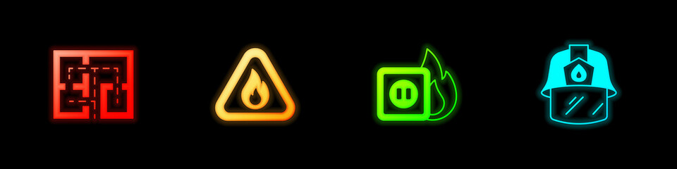 Set Evacuation plan, Fire flame in triangle, Electric wiring of socket fire and Firefighter helmet icon. Vector