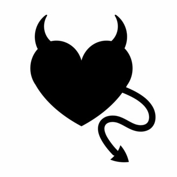 Vector flat heart with devil horns and tail silhouette isolated on white background
