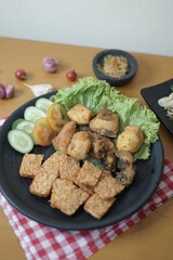 tempeh, tofu, chicken salad with bean sprouts