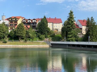 Fototapeta premium Bajer dam or Lake Bajer reservoir dam, Fuzine - Gorski kotar, Croatia (Bajerska brana ili brana akumulacijskog jezera Bajer, Fužine - Gorski kotar, Hrvatska)