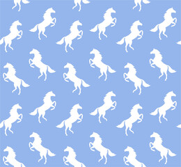 Vector seamless pattern of horse standing on hind legs silhouette isolated on blue background