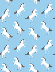 Vector seamless pattern of flat cartoon horse standing on hind legs isolated on blue background
