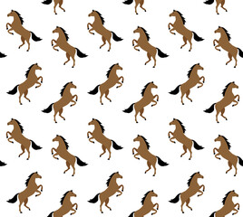 Vector seamless pattern of flat cartoon horse standing on hind legs isolated on white background