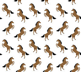 Vector seamless pattern of flat cartoon horse standing on hind legs isolated on white background