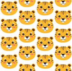 Fototapeta premium Vector seamless pattern of flat cartoon hand drawn tiger face head isolated on white background