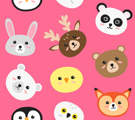 Vector seamless pattern of flat cartoon animal face head isolated on pink background