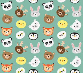 Vector seamless pattern of flat cartoon animal face head isolated on mint background