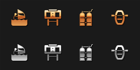 Set Windsurfing, Sport mechanical scoreboard, Aqualung and Boat with oars icon. Vector