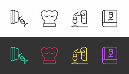 Set line Wine tasting, degustation, Chef hat, Sommelier and Book about wine on black and white. Vector