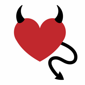 Vector flat heart with devil horns and tail isolated on white background