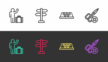 Set line Tourist with suitcase, Road traffic sign, Taxi car roof and No scissors on black and white. Vector